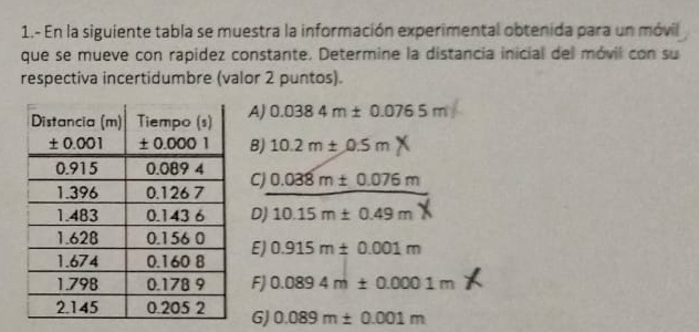 1.- En la siguiente tabla se muestra la información experimental obtenida para un móvil
que se mueve con rapídez constante. Determine la distancia inicial del móvil con su
respectiva incertidumbre (valor 2 puntos).
A) 0.0384m± 0.0765m
B) 10.2m± 0.5m
C) 0.038m± 0.076m
D) 10.15m± 0.49m
E) 0.915m± 0.001m
FJ 0.0894m± 0.0001m
G) 0.089m± 0.001m