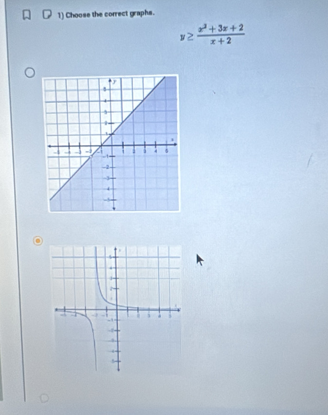 Choose the correct graphs.
y≥  (x^2+3x+2)/x+2 
0