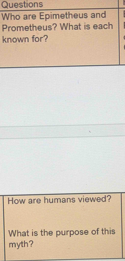 Questions 
Who are Epimetheus and 
Prometheus? What is each 
known for? 
How are humans viewed? 
What is the purpose of this 
myth?