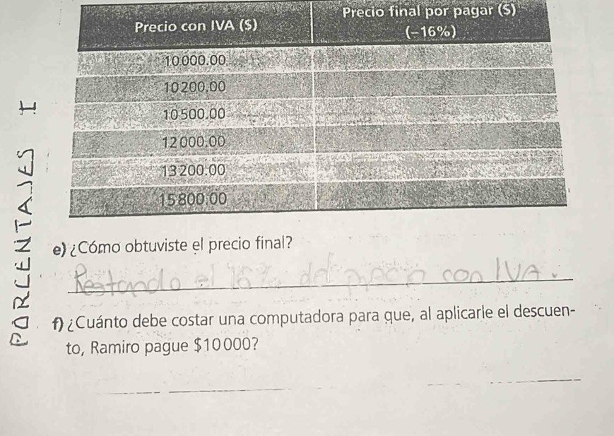 Precio final por pagar (S) 
e) ¿Cómo obtuviste el p 
_ 
f) ¿Cuánto debe costar una computadora para que, al aplicarle el descuen- 
a to, Ramiro pague $10000? 
_ 
_ 
_