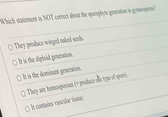 Which statement is NOT correct about the sporophyte generation in gymnosperms?
They produce winged naked seeds.
It is the diploid generation.
It is the dominant generation.
They are homosporous (= produce one type of spore).
It contains vascular tissue.