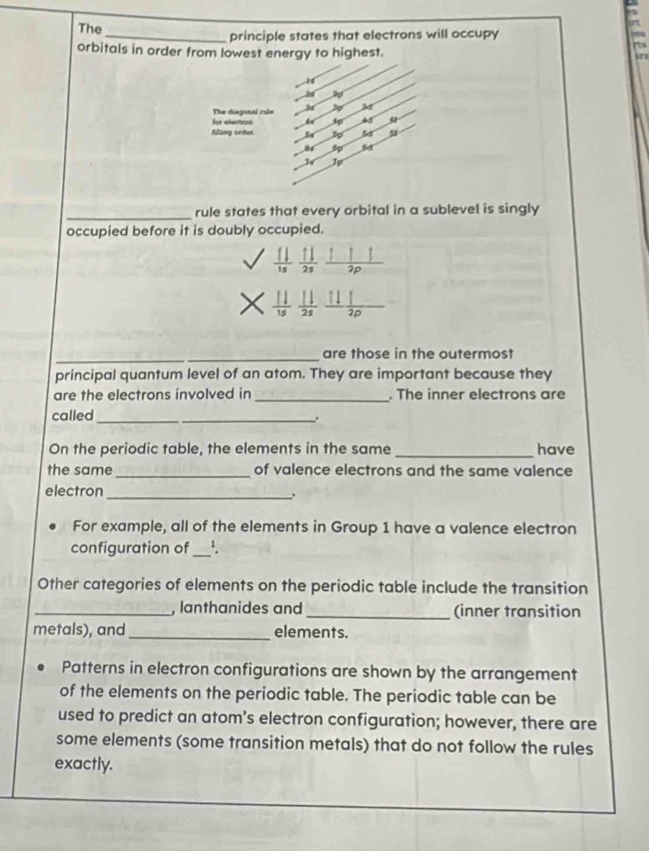 The 
_principle states that electrons will occupy 
orbitals in order from lowest energy to highest. 
The disgonal rule 3 
for election 
filling order 5
4 Tp 
_rule states that every orbital in a sublevel is singly 
occupied before it is doubly occupied.
 11/1s  11/2s  111/2p 
*  11/15  11/25  111/2p 
_are those in the outermost 
principal quantum level of an atom. They are important because they 
are the electrons involved in _. The inner electrons are 
called_ 
_ 
On the periodic table, the elements in the same_ have 
the same_ of valence electrons and the same valence 
electron_ 
. 
For example, all of the elements in Group 1 have a valence electron 
configuration of_ ¹. 
Other categories of elements on the periodic table include the transition 
_, lanthanides and_ (inner transition 
metals), and_ elements. 
Patterns in electron configurations are shown by the arrangement 
of the elements on the periodic table. The periodic table can be 
used to predict an atom’s electron configuration; however, there are 
some elements (some transition metals) that do not follow the rules 
exactly.