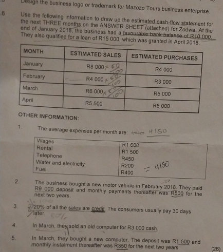 Design the business logo or trademark for Mazozo Tours business enterprise. 
.6 Use the following information to draw up the estimated cash-flow statement for 
the next THREE months on the ANSWER SHEET (attached) for Zodwa. At the 
end of January 2018, the business had a favourable bank balance of R10 000. 
They also qualified for a loan of R15 000, which was grante 
ORMATION: 
1. The average expenses per month are: 
2 The business bought a new motor vehicle in February 2018. They paid
R9 000 deposit and monthly payments thereafter was R500 for the 
next two years. 
3 20% of all the sales are credit. The consumers usually pay 30 days
later 
4. In March, they sold an old computer for R3 000 cash. 
5. In March, they bought a new computer. The deposit was R1 500 and 
monthly instalment thereafter was R350 for the next two years. (26)