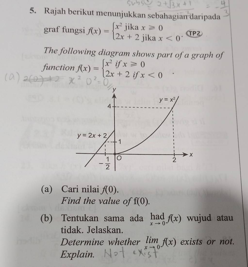 Rajah berikut menunjukkan sebahagian daripada
graf fungsi f(x)=beginarrayl x^2jikax≥slant 0 2x+2jikax<0endarray. TPZ
The following diagram shows part of a graph of
function f(x)=beginarrayl x^2ifx≥slant 0 2x+2ifx<0endarray.
(a) Cari nilai f(0).
Find the value of f(0).
(b) Tentukan sama ada limlimits _xto 0f(x) wujud atau
tidak. Jelaskan.
Determine whether limlimits _xto 0f(x) exists or not.
Explain.