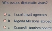 Who issues diplomatic visas?
a. Local travel agencies
b. Nigeria Missions abroad
c. Domestic tourism boards