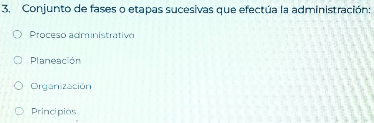 Conjunto de fases o etapas sucesivas que efectúa la administración:
Proceso administrativo
Planeación
Organización
Principios