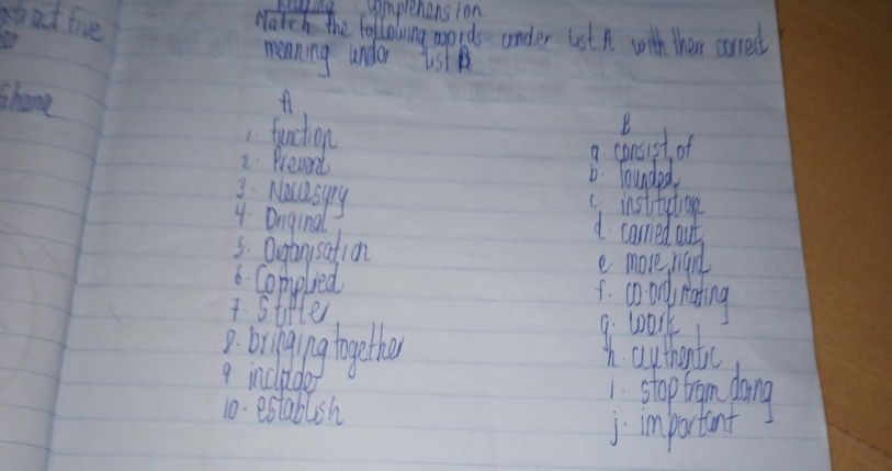 sbat five
comprerens ion
Watch the follalwing aprds under lst A with ther carrest
menning under Isl
hone
1functon
B
1Prevent
a consist of
D. Tounded
3. Necasgry
C. insttution
4 Dnginal
d carred out
5. Ougtanysation
e more nad
6. Complied
1. cndyrahing
stfter
B bringingtogether
9. work
Ah. authontu
9 includer
stoptgn dong
10. establish
j important