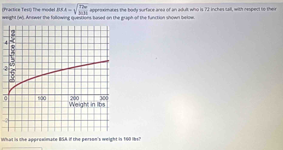 (Practice Test) The model BSA=sqrt(frac 72w)3131 approximates the body surface area of an adult who is 72 inches tall, with respect to their 
weight (w). Answer the following questions based on the graph of the function shown below. 
-
2
0
-2
What is the approximate BSA if the person's weight is 160 lbs?