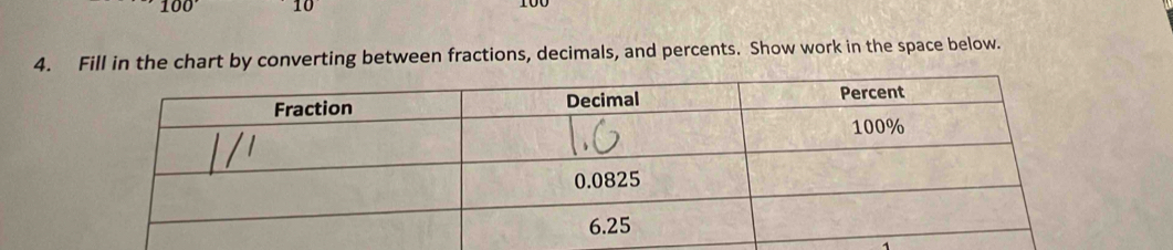 100° 10
4. Fill in the chart by converting between fractions, decimals, and percents. Show work in the space below.