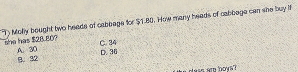 Solved: ) Molly bought two heads of cabbage for $1.80. How many heads ...
