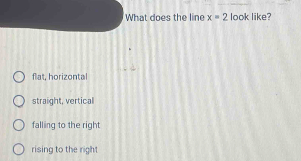 What does the line x=2 look like?
flat, horizontal
straight, vertical
falling to the right
rising to the right