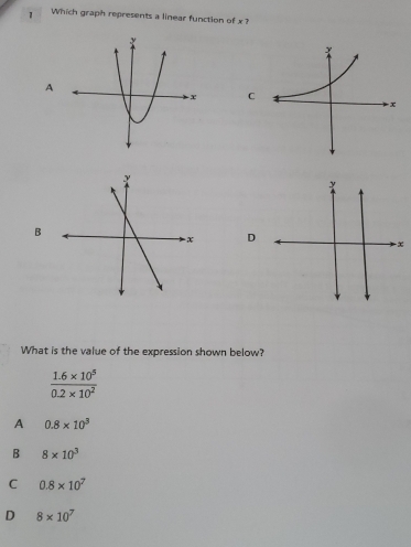 Which graph represents a linear function of x ?
A
C
B
D
What is the value of the expression shown below?
 (1.6* 10^5)/0.2* 10^2 
A 0.8* 10^3
B 8* 10^3
C 0.8* 10^7
D 8* 10^7