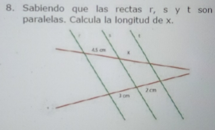 Sabiendo que las rectas r, s y t son 
paralelas. Calcula la longitud de x.