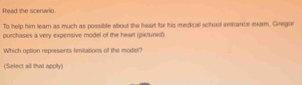 Read the scenario. 
To help him lear as much as possible about the heart for his medicall school emmance exam, Gregor 
purchases a very expensive model of the heart (pictured). 
Which option represents limitations of the model? 
(Select all that apply)