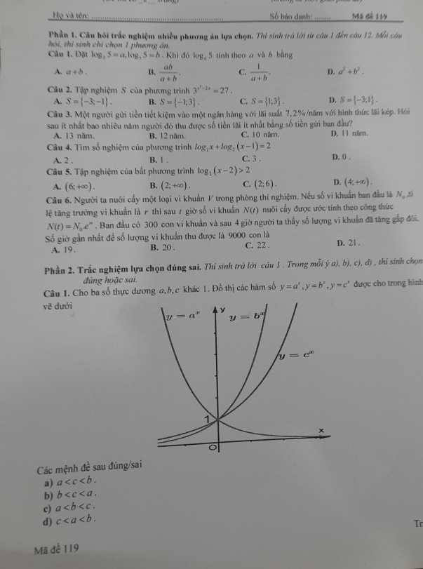 Họ và tên: ....````...
Số báo danh: **..***. Ma đê 119
Phần 1. Cầu hỏi trắc nghiệm nhiều phương án lựa chọn. Thí sinh trở lời từ câu 1 đến câu 12. Mn ch
hỏi, thi sinh chỉ chọn 1 phương án,
Câu 1. Đặt log _25=a,log _35=b. Khỉ đó log, 5 tính theo # và b bằng
A. a+b. B.  ab/a+b . C.  1/a+b . D. a^2+b^2.
Câu 2. Tập nghiệm S của phương trình 3^(x^2)-2x=27.
A. S= -3;-1 . B. S= -1;3 . C. S= 1;3 . D. S= -3,1 ,
Câu 3. Một người gửi tiền tiết kiệm vào một ngân hàng với lãi suất 7,2% /năm với hình thức lãi kép. Hới
sau ít nhất bao nhiêu năm người đó thu được số tiền lãi ít nhất bằng số tiền gửi ban đầu?
A. 13 năm. B. 12 năm. C. 10 năm. D. 11 năm.
Câu 4. Tìm số nghiệm của phương trình log _2x+log _2(x-1)=2 D. 0 .
A. 2 . B. 1 . C. 3 .
Câu 5. Tập nghiệm của bất phương trình log _2(x-2)>2
A. (6;+∈fty ). B. (2;+∈fty ). C. (2;6). D. (4;+∈fty ).
Câu 6. Người ta nuôi cấy một loại vi khuẩn V trong phòng thí nghiệm. Nếu số vi khuẩn ban đầu là N, ti
lệ tăng trưởng vi khuẩn là ァ thì sau ự giờ số vi khuẩn N(t) nuôi cấy được ước tính theo công thức
N(t)=N_0,e^n. Ban đầu có 300 con vi khuẩn và sau 4 giờ người ta thấy số lượng vi khuẩn đã tăng gắp đôi
Số giờ gần nhất đề số lượng vi khuẩn thu được là 9000 con là D. 21 .
A. 19. B. 20 . C. 22 .
Phần 2. Trắc nghiệm lựa chọn đúng sai. Thí sinh trả lời cầu 1 . Trong mỗi (a),b) d° d d) , thí sinh chọn
đúng hoặc sai.
Câu 1. Cho ba số thực dương a,b, c khác 1. Đồ thị các hàm số y=a^x,y=b^x,y=c^x được cho trong hình
vẽ dưới
Các mệnh đề sau đúng/sai
a) a
b) b
c) a
d) c
Tr
Mã đề 119