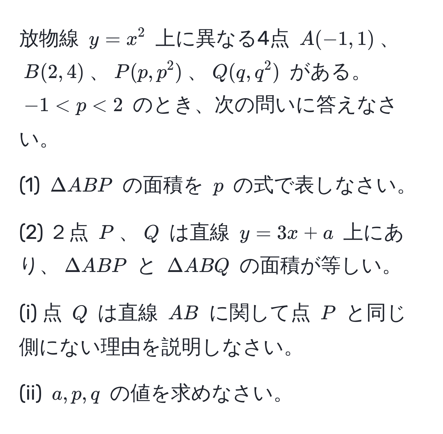 放物線 $y = x^2$ 上に異なる4点 $A(-1, 1)$、$B(2, 4)$、$P(p, p^2)$、$Q(q, q^2)$ がある。$-1 < p < 2$ のとき、次の問いに答えなさい。

(1) $Delta ABP$ の面積を $p$ の式で表しなさい。

(2) ２点 $P$、$Q$ は直線 $y = 3x + a$ 上にあり、$Delta ABP$ と $Delta ABQ$ の面積が等しい。

(i) 点 $Q$ は直線 $AB$ に関して点 $P$ と同じ側にない理由を説明しなさい。

(ii) $a, p, q$ の値を求めなさい。