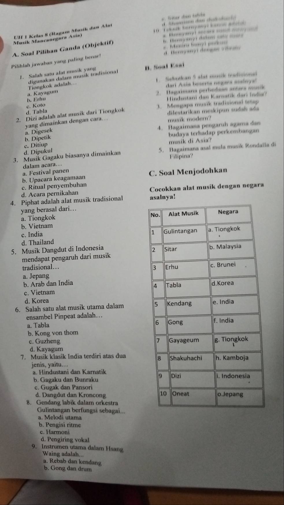 Siter d en tabda
d. khamsen dan chak uhh 
UH 1 Kelas 8 (Ragam Musik dan Alat
a Hernyanyl secara suedt mongued
Musik Mancanegara Asia)  10. Leknk Bernyanyi kanon adeba
h. Hernyänyi daiani sti susrs
e . Meniru banyï perkue
A. Soal Pilihan Ganda (Objektif)
Pilihlah jawaban yang paling benar! d. Bernyanyi dengan vörain
1. Salah satu alat musik yang
digunakan dalam musik tradisional B. Soal Esai
1. Sebutkan 5 alst musik tradisiona
Tiongkok adalah…..
dari Asia beserta negara asainya!
b. Erhu 2. Bagaimana perbedaan antars musik
a. Kayagum
Hindustani dan Karnatik dari India?
c. Koto
d. Tabla 3. Mengapa musik tradisional tstap
2. Dizi adalah alat musik dari Tiongkok
dilestarikan meskipun sudah ada
yang dimainkan dengan cara…
musik modern?
a. Digesek 4. Bagaimana pengaruh agama dan
b. Dipetik budaya terhadap perkembangan
musik di Asia?
c. Ditiup
d. Dipukul
3. Musik Gagaku biasanya dimainkan 5. Bagaimana asal mula musik Rondaïla di
dalam acara… Filipina?
a. Festival panen
b. Upacara keagamaan C. Soal Menjodohkan
c. Ritual penyembuhan
d. Acara pernikahan Cocokkan alat musik dengan negara
4. Piphat adalah alat musik tradisional asalnya!
yang berasal dari…
a. Tiongkok
b. Vietnam
c. India
d. Thailand
5. Musik Dangdut di Indonesia 
mendapat pengaruh dari musik
tradisional…
a. Jepang
b. Arab dan India 
c. Vietnam
d. Korea
6. Salah satu alat musik utama dalam 
ensambel Pinpeat adalah…
a. Tabla
b. Kong von thom
c. Guzheng
d. Kayagum
7. Musik klasik India terdiri atas dua 
jenis, yaitu…
a. Hindustani dan Karnatik
b. Gagaku dan Bunraku
c. Gugak dan Pansori
d. Dangdut dan Kroncong 
8. Gendang labik dalam orkestra
Gulintangan berfungsi sebagai...
a. Melodi utama
b. Pengisi ritme
c. Harmoni
d. Pengiring vokal
9. Instrumen utama dalam Hsang
Waing adalah...
a. Rebab dan kendang
b. Gong dan drum