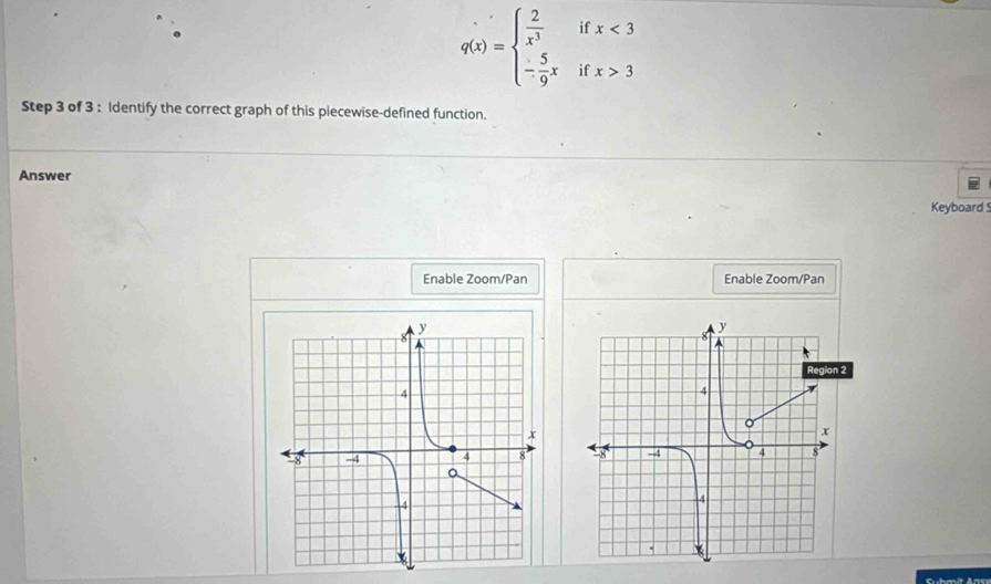 if x<3</tex>
q(x)=beginarrayl  2/x^3  - 5/9 xendarray. if x>3
Step 3 of 3 : Identify the correct graph of this piecewise-defined function.
Answer
Keyboard 
Enable Zoom/Pan Enable Zoom/Pan

Suhmit Ans