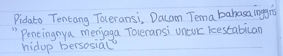 Pidato Tentang Toceransi, Dacam Tema bahasa inggris 
" Pencingnya menjaga Toceransi uncur kestabican 
hidup bersosial