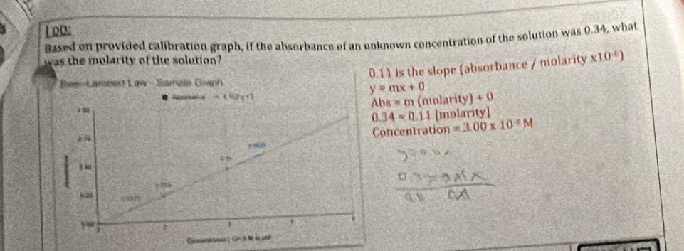 DO:
Based on provided calibration graph, if the absorbance of an unknown concentration of the solution was 0.34, what
as the molarity of the solution
0.11 is the slope (absorbance / molarity * 10^(-6))
Bee-Lamber Law - Sample Graph
y=mx+0
Abs=m (n alarity)+0
0.34=0.11 [molarity]
oncentration =3.00* 10°M