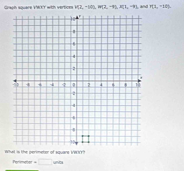 Graph square VWXY with vertices V(2,-10), W(2,-9), X(1,-9) , and Y(1,-10). 
What is the perimeter of square VWXY? 
Perimeter =□ units