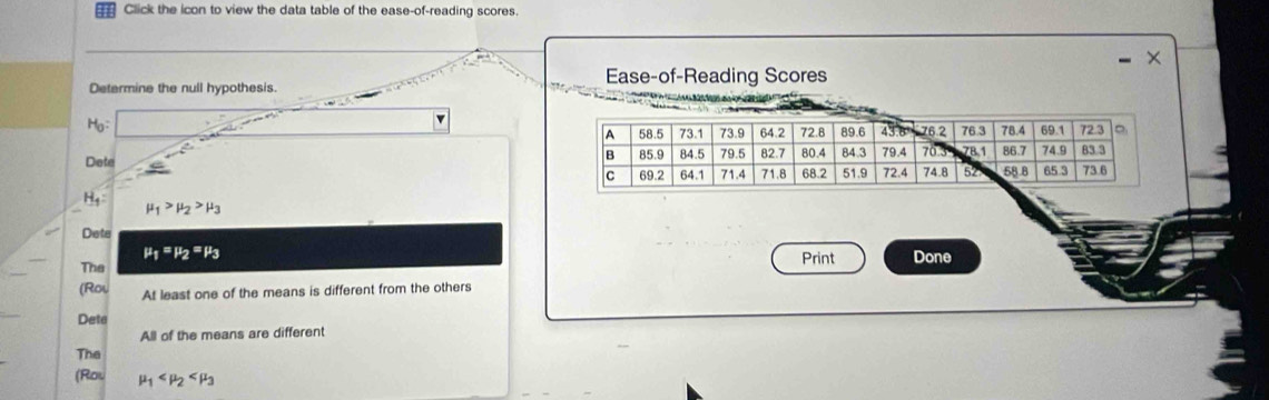 Click the icon to view the data table of the ease-of-reading scores.
×
Ease-of-Reading Scores
Determine the null hypothesis.
v
Ho: 
Dete
H_1 mu _1>mu _2>mu _3
Deta
mu _1=mu _2=mu _3
The Print Done
(Roy At least one of the means is different from the others
Deta
All of the means are different
The
(Rol mu _1