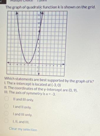 'Multpie Choice Ipoin
The graph of quadratic function k is shown on the grid.
Which statements are best supported by the graph of k?
I. The x-intercept is located at (-3,0)
II. The coordinates of the y-intercept are (0,9). 
III. The axis of symmetry is x=-3.
Il and III only.
I and II only.
I and III only.
I, II, and III.
Clear my selection