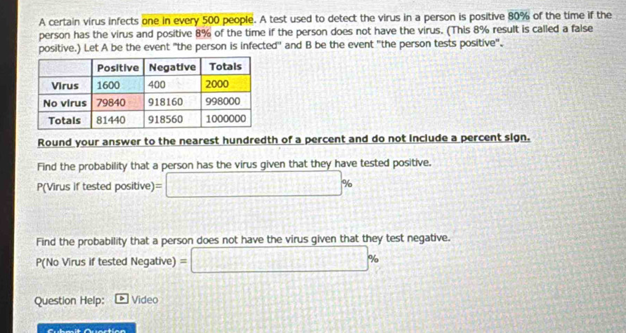 A certain virus infects one in every 500 people. A test used to detect the virus in a person is positive 80% of the time if the 
person has the virus and positive 8% of the time if the person does not have the virus. (This 8% result is called a false 
positive.) Let A be the event "the person is infected'' and B be the event "the person tests positive"、 
Round your answer to the nearest hundredth of a percent and do not include a percent sign. 
Find the probability that a person has the virus given that they have tested positive. 
P(Virus if tested positive) □ %
Find the probability that a person does not have the virus given that they test negative. 
P(No Virus if tested Negative) =□ %
Question Help: Video