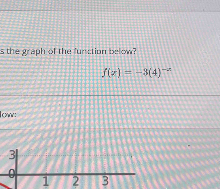 the graph of the function below?
f(x)=-3(4)^-x
low: 
1