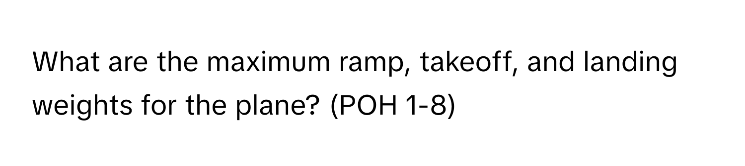 What are the maximum ramp, takeoff, and landing weights for the plane? (POH 1-8)