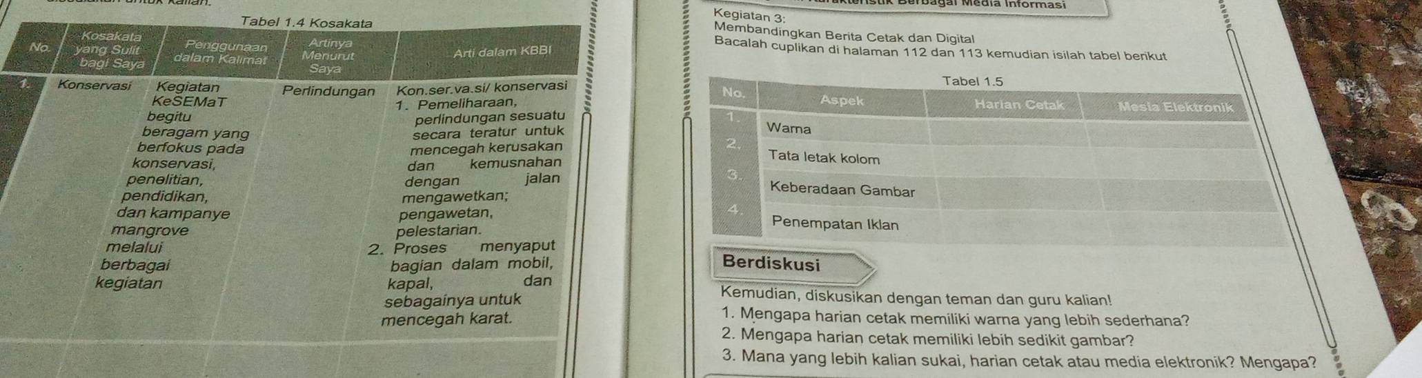 Kegiatan 3: 
Membandingkan Berita Cetak dan Digital 
Bacalah cuplikan di halaman 112 dan 113 kemudian isilah tabel benkut 
Berdiskusi 
Kemudian, diskusikan dengan teman dan guru kalian! 
1. Mengapa harian cetak memiliki warna yang lebih sederhana? 
2. Mengapa harian cetak memiliki lebih sedikit gambar? 
3. Mana yang lebih kalian sukai, harian cetak atau media elektronik? Mengapa?