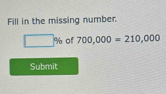 Fill in the missing number.
□ % of 700,000=210,000
Submit