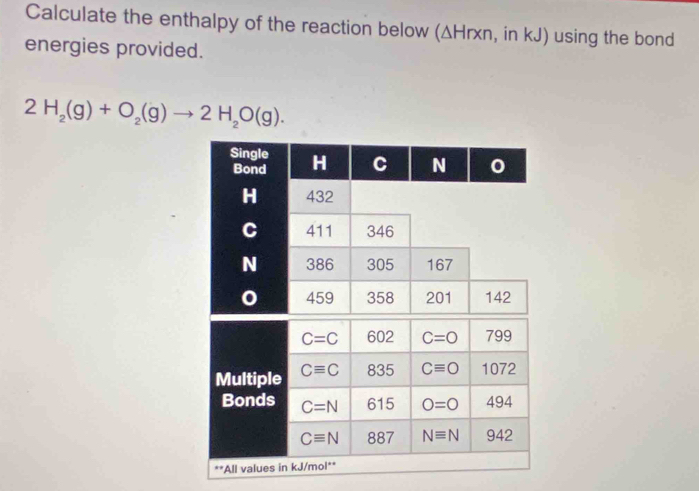 Calculate the enthalpy of the reaction below (ΔHrxn, in kJ) using the bond 
energies provided.
2H_2(g)+O_2(g)to 2H_2O(g). 
Single H C N
Bond
H 432
C 411 346
N 386 305 167
459 358 201 142
C=C 602 C=O 799
Multiple Cequiv C 835 Cequiv O 1072
Bonds C=N 615 O=0 494
Cequiv N 887 Nequiv N 942
**All values in kJ/mol **