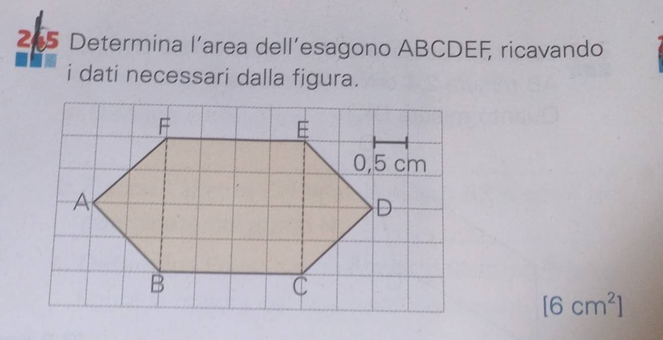 265 Determina l’area dell’esagono ABCDEF, ricavando 
i dati necessari dalla figura.
[6cm^2]