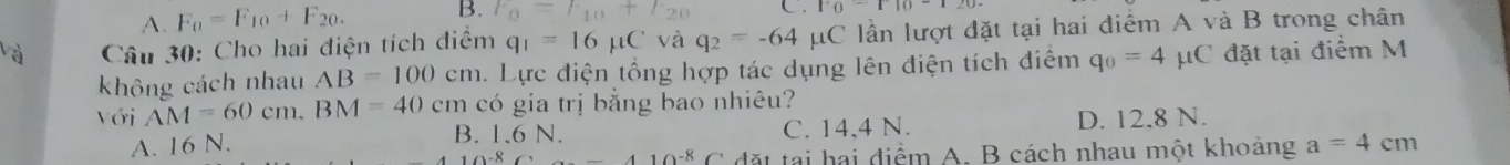 A. F_0=F_10+F_20. B. F_0=F_10+F_20 C 1'6-110-120
a Câu 30: Cho hai điện tích điểm q_1=16mu C và q_2=-64 μC lần lượt đặt tại hai điểm A và B trong chân
không cách nhau AB=100cm. Lực điện tổng hợp tác dụng lên điện tích điểm q_0=4 μC đặt tại điểm M
có gia trị bằng bao nhiêu?
Với AM=60cm, BM=40cm B. 1.6 N. C. 14,4 N. D. 12.8 N.
A. 16 N. a=4cm
10-8C tại hai điểm A. B cách nhau một khoảng