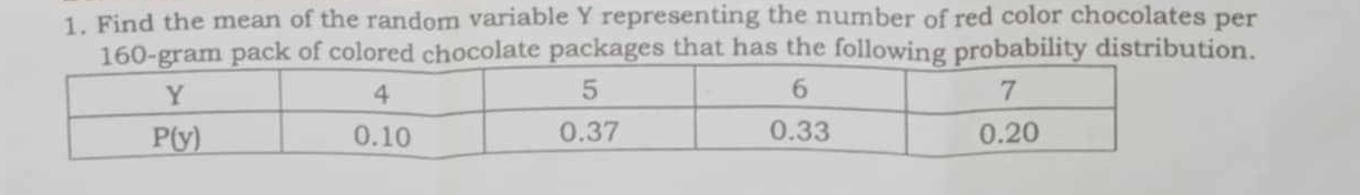 Find the mean of the random variable Y representing the number of red color chocolates per
gram pack of colored chocolate packages that has the following probability distribution.