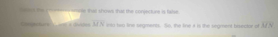 Solct the coonterxample that shows that the conjecture is false. 
Conjecture: V line # divides overline MN into two line segments. So, the line 8 is the segment bisector of overline MN.