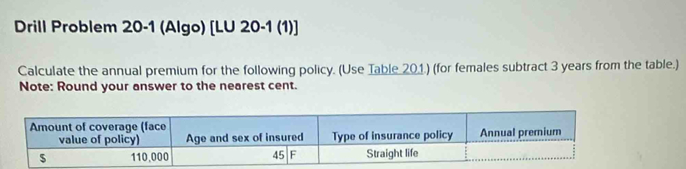 Drill Problem 20-1 (Algo) [LU 20-1 (1)] 
Calculate the annual premium for the following policy. (Use Table 201) (for females subtract 3 years from the table.) 
Note: Round your answer to the nearest cent.