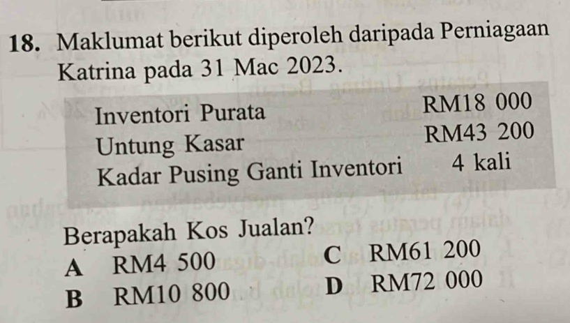 Maklumat berikut diperoleh daripada Perniagaan
Katrina pada 31 Mac 2023.
Inventori Purata RM18 000
Untung Kasar RM43 200
Kadar Pusing Ganti Inventori 4 kali
Berapakah Kos Jualan?
A RM4 500 C RM61 200
B RM10 800 D RM72 000