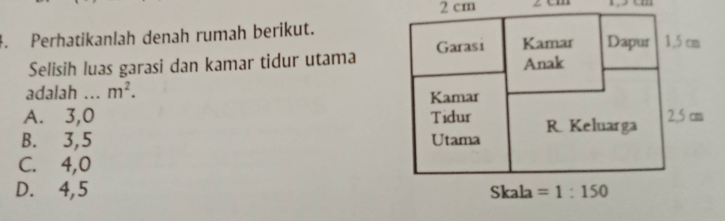 2 cm. Perhatikanlah denah rumah berikut.
Garasi Kamar Dapur 1,5 cm
Selisih luas garasi dan kamar tidur utama Anak
adalah .. m^2. 
Kamar
A. 3,0 Tidur 2.5 cm
R Keluarga
B. 3,5 Utama
C. 4,0
D. 4,5 Skala = 1:150