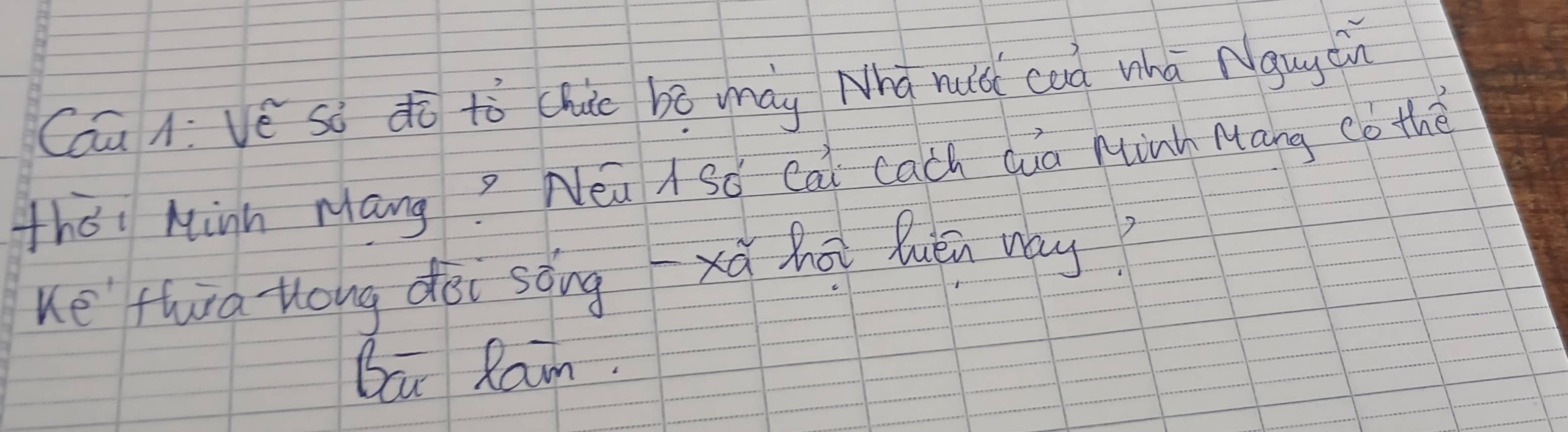 Cau A: vé so ¢ò tò clue bē may Nhà mià cuà whà Nguytin 
thei Minn Mang? Nea A So Cai cach Qa Minh Mang Co the 
ue thuia Hong dèi sèngxù hài luén way? 
Ba Rain.