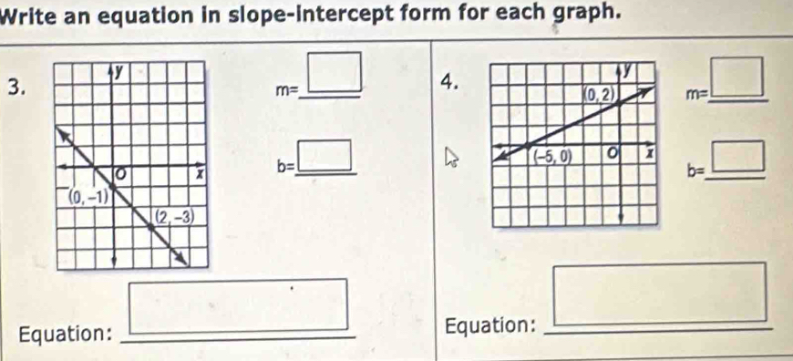 Write an equation in slope-intercept form for each graph.
3.
m=_ □  4.
m=_ □ 
b=_ □  b=_ □ 
Equation: □ Equation: □ _