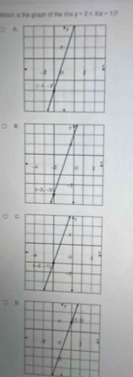 down a the grapn of the tme y=2=3(x-1)7
A.
B.
C
5