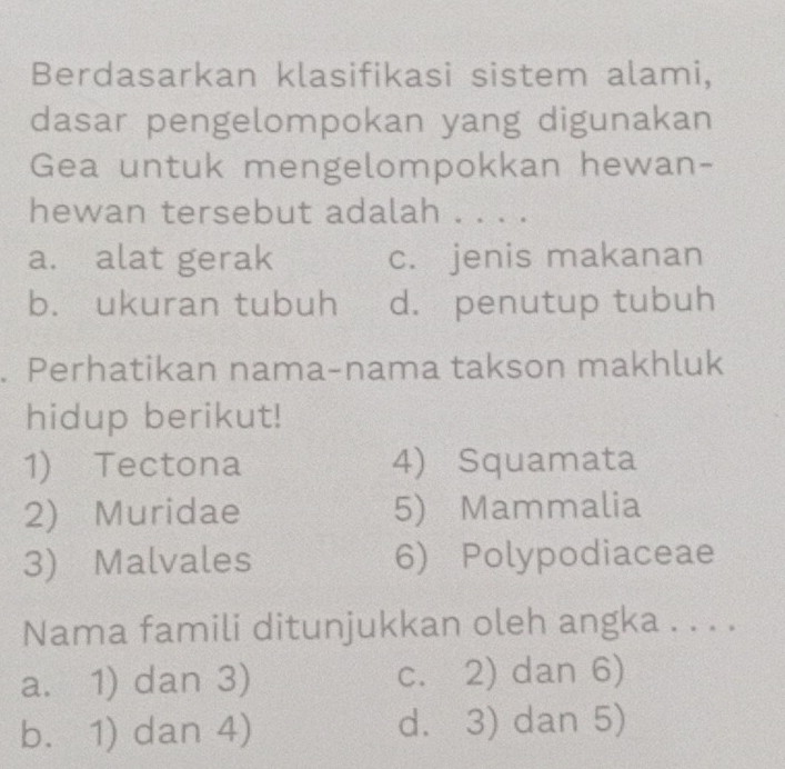 Berdasarkan klasifikasi sistem alami,
dasar pengelompokan yang digunakan
Gea untuk mengelompokkan hewan-
hewan tersebut adalah . . . .
a. alat gerak c. jenis makanan
b. ukuran tubuh d. penutup tubuh
. Perhatikan nama-nama takson makhluk
hidup berikut!
1) Tectona 4) Squamata
2) Muridae 5) Mammalia
3) Malvales 6) Polypodiaceae
Nama famili ditunjukkan oleh angka . . . .
a. 1) dan 3) c. 2) dan 6)
b. 1) dan 4) d. 3) dan 5)