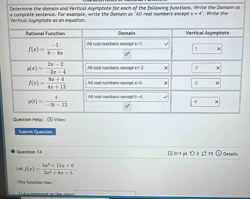 Determine the domain and Vertical Asymptote for each of the following functions. Write the Domain as
a complete sentence. For example, write the Domain as "All real numbers except x=4''. Write the
Vertical Asymptote as an equation.
Question Help: Video
Submit Question
Question 14 [0/1 pt つ 3 [ 19 ⓘ Details
Let f(x)= (3x^2+11x+6)/3x^2+8x+5 .
This function has:
1) À v-intercent at the point