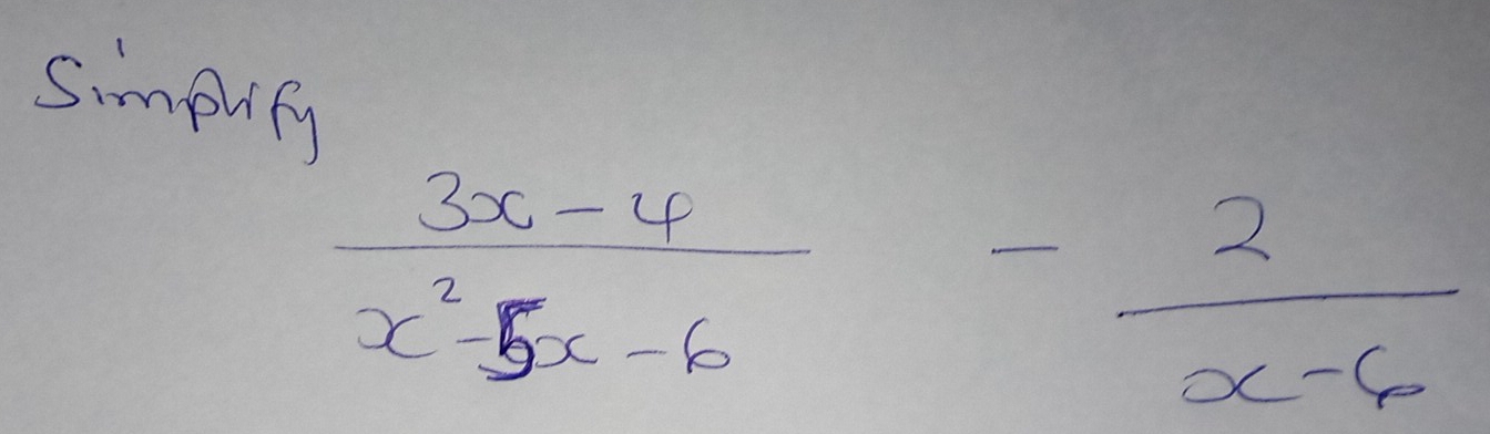 simpify
 (3x-6)/x^2-5x-6 - 2/x-6 