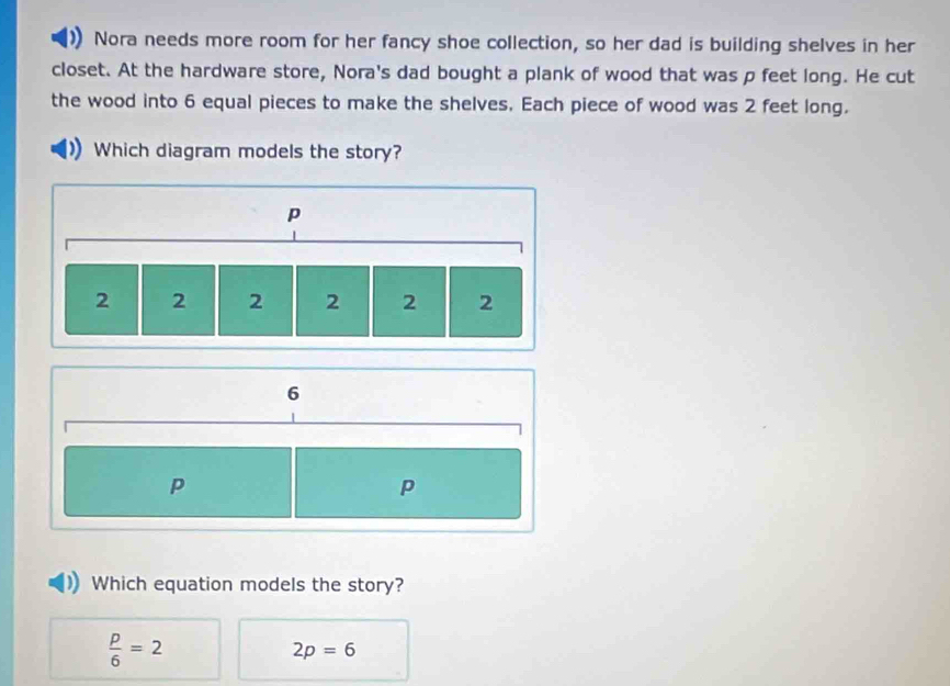 Nora needs more room for her fancy shoe collection, so her dad is building shelves in her
closet. At the hardware store, Nora's dad bought a plank of wood that was p feet long. He cut
the wood into 6 equal pieces to make the shelves. Each piece of wood was 2 feet long.
Which diagram models the story?
p
2 2 2 2 2 2
Which equation models the story?
 p/6 =2
2p=6