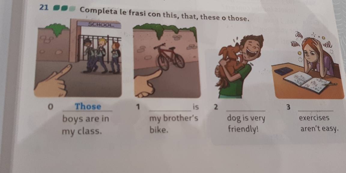 Completa le frasi con this, that, these o those. 
Those 1 _is 2 _ 3 _ 
boys are in my brother’s dogis very exercises 
my class. bike. friendly! aren't easy.