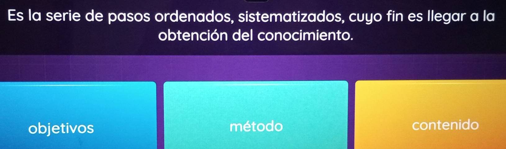 Es la serie de pasos ordenados, sistematizados, cuyo fin es llegar a la
obtención del conocimiento.
objetivos método contenido