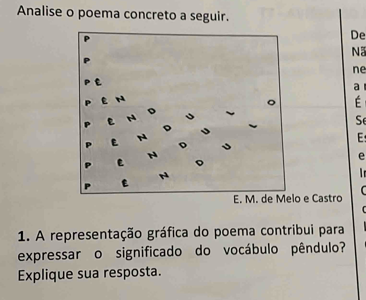 Analise o poema concreto a seguir. 
De 
Nã 
ne 
a 
É 
Se 
E 
e 
I 
C 
e Castro 
1. A representação gráfica do poema contribui para 
expressar o significado do vocábulo pêndulo? 
Explique sua resposta.